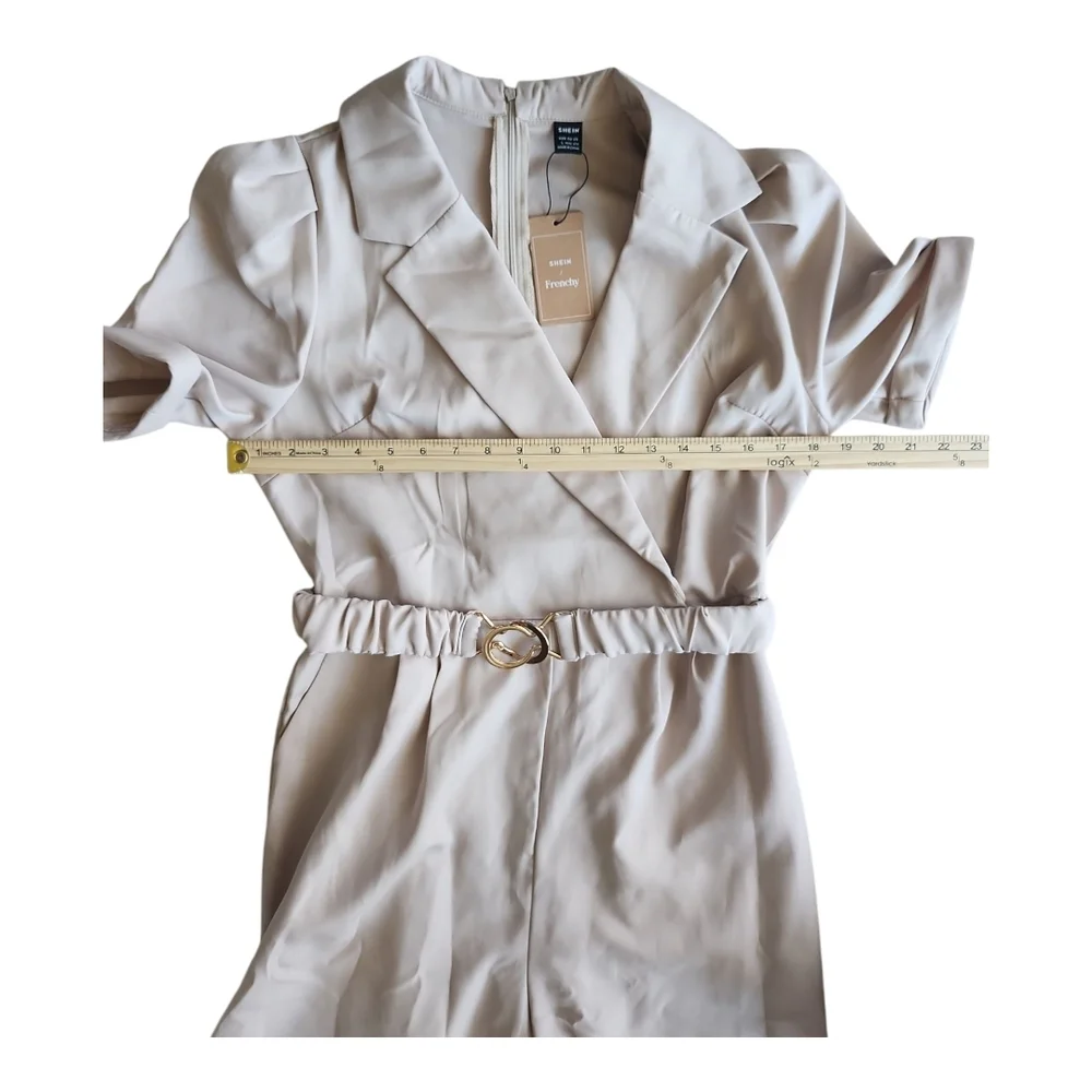 SHEIN Beige Belted Utility Jumpsuit Short Sleeve Wide Leg EU 40 US 8 10 - Picture 3 of 12
